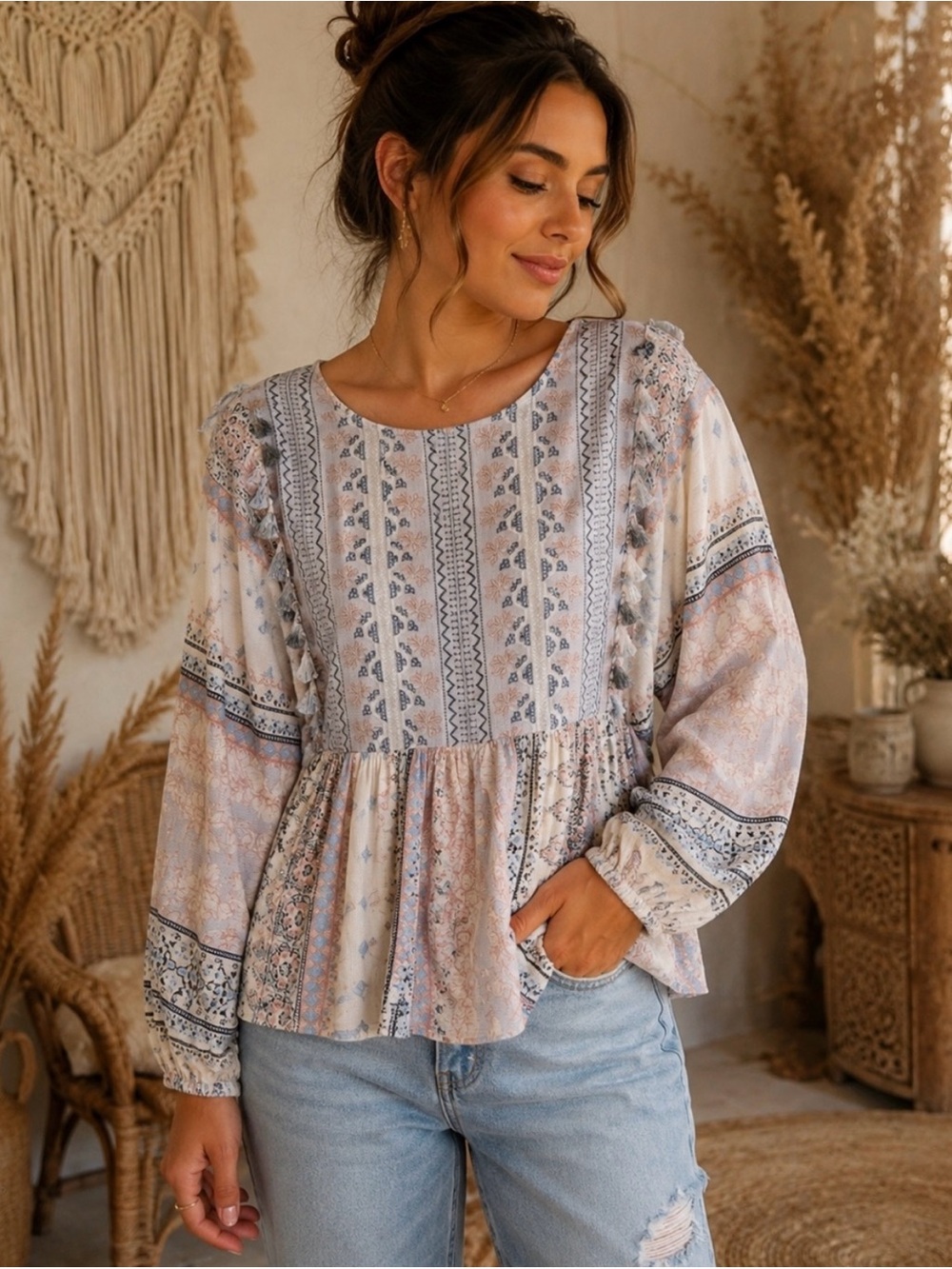American Eagle Multicolor Embroidered Tassel Boho Peasant Blouse Size XS